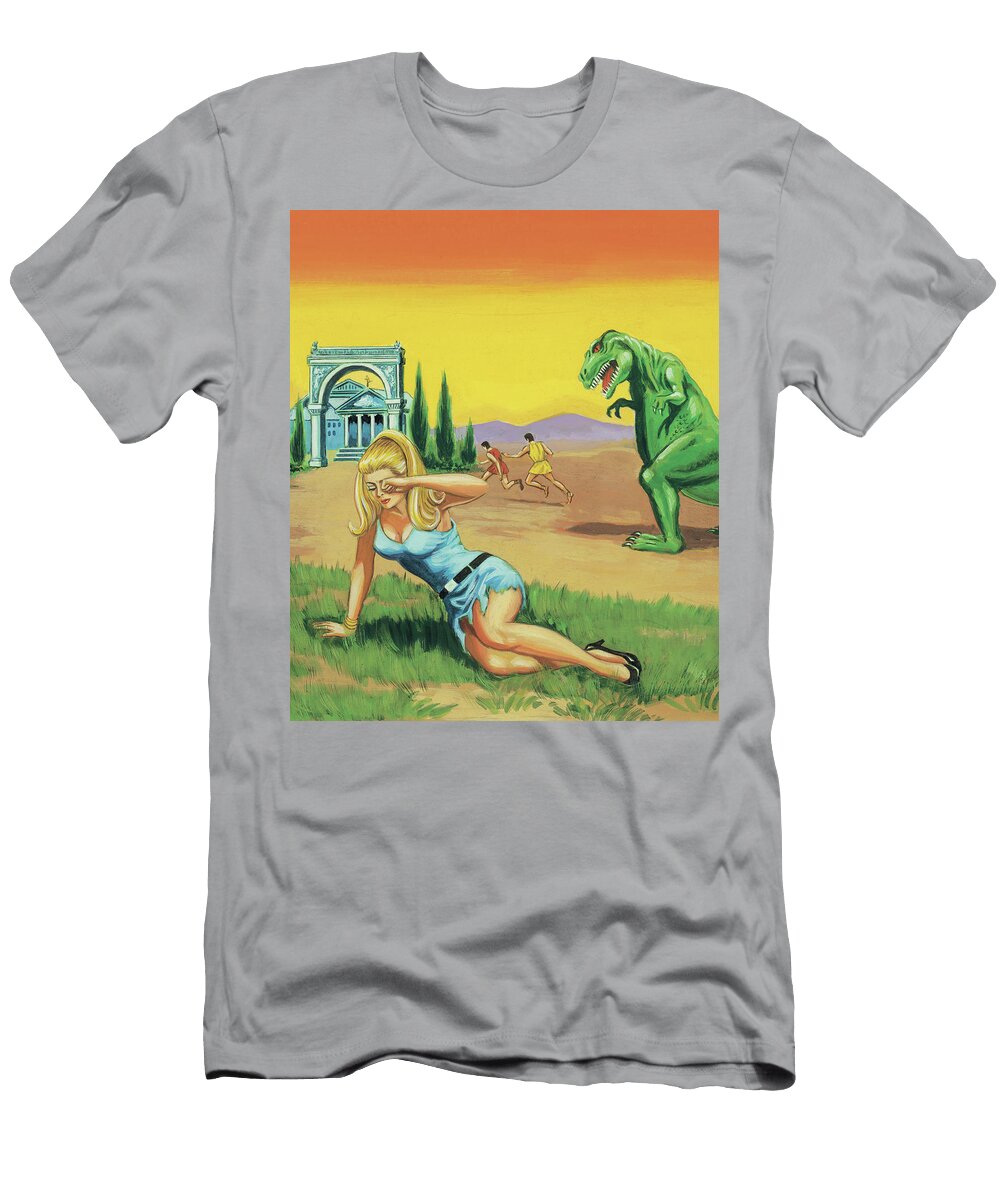 Dinosaur with Woman on the Ground Csa Images T-Shirt