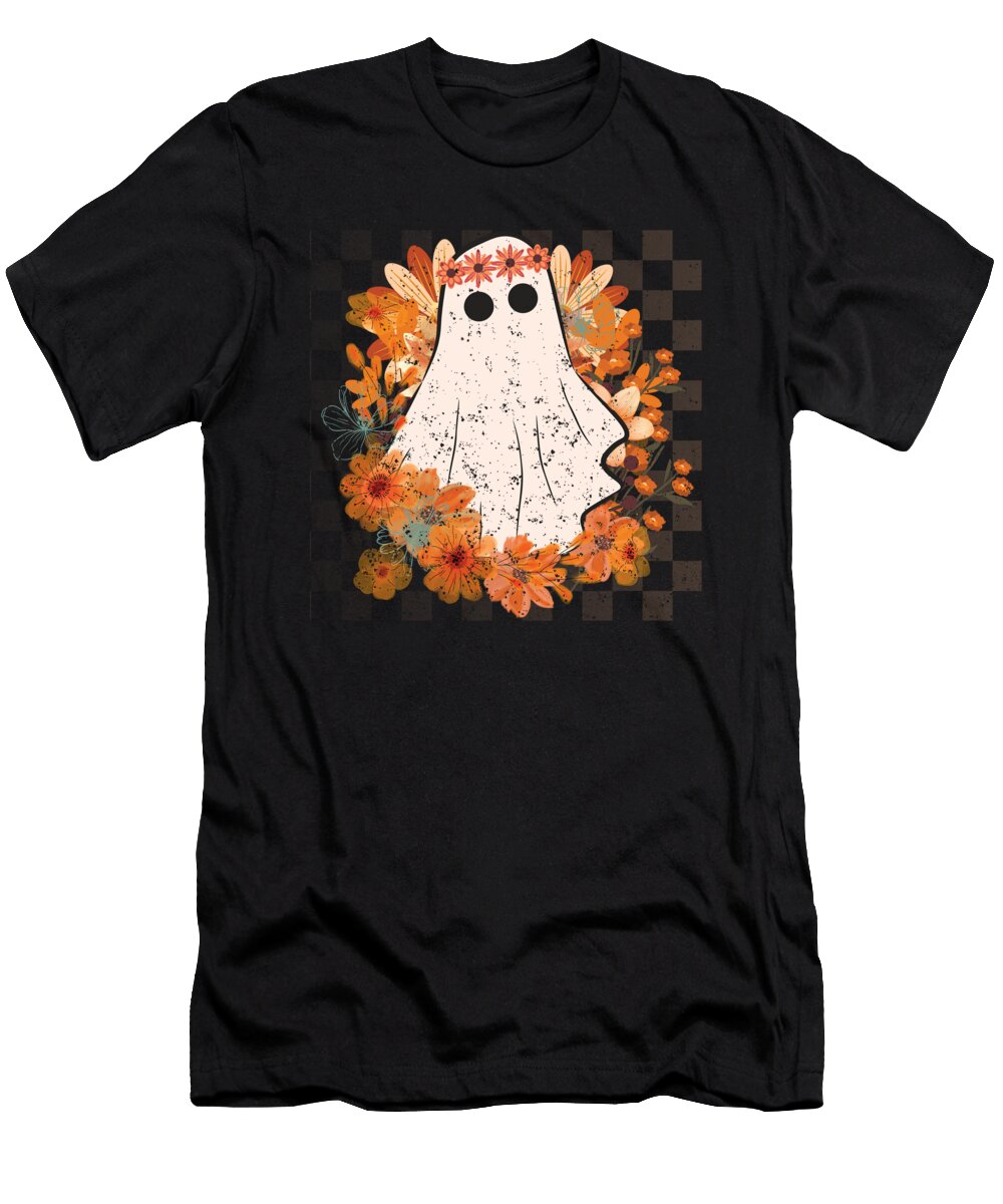 Distressed Autumn Floral Crown Ghost Whimsical Halloween Pastel Horror Art Rhonda Bolianatz T-Shirt