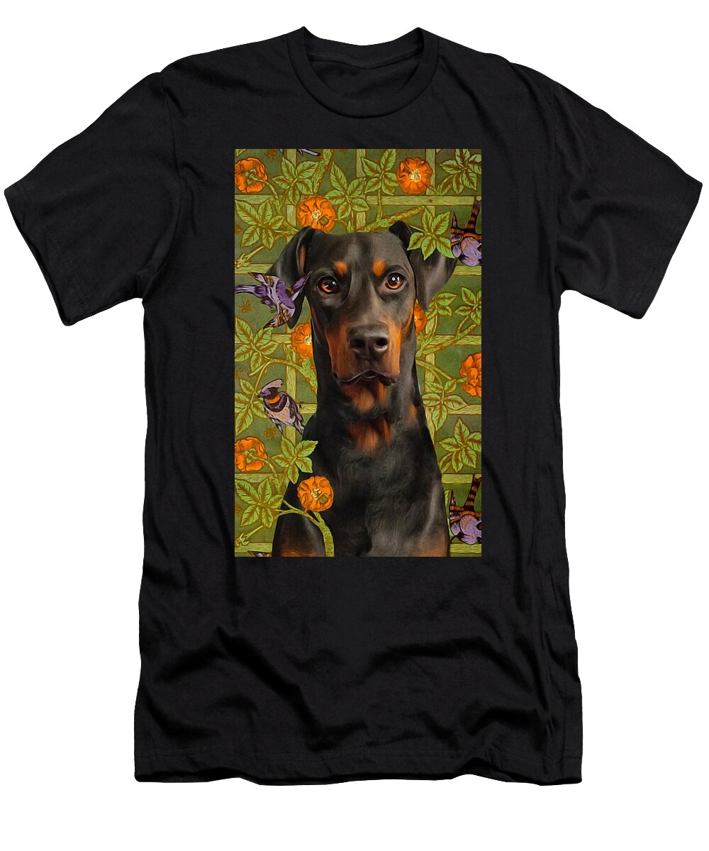 Doberman with Bird and Roses Zelda Tessadori T-Shirt