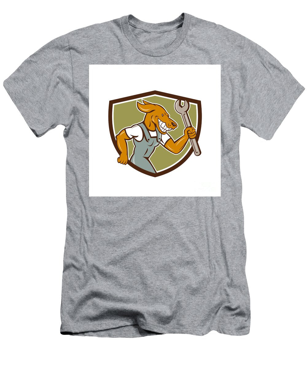 Dog Mechanic Running with Spanner Crest Cartoon Aloysius Patrimonio T-Shirt
