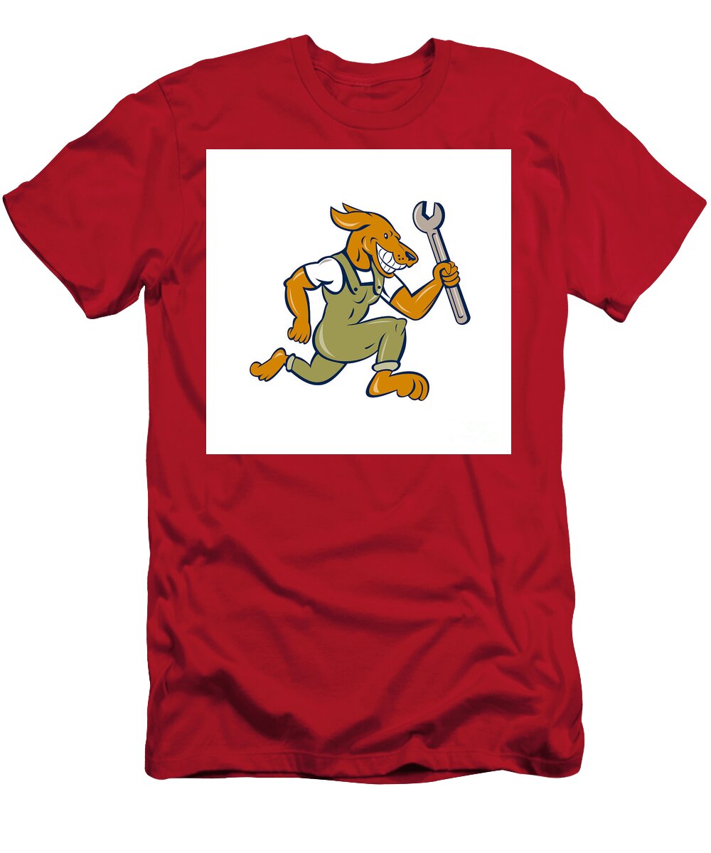 Dog Mechanic Running with Spanner Isolated Cartoon Aloysius Patrimonio T-Shirt