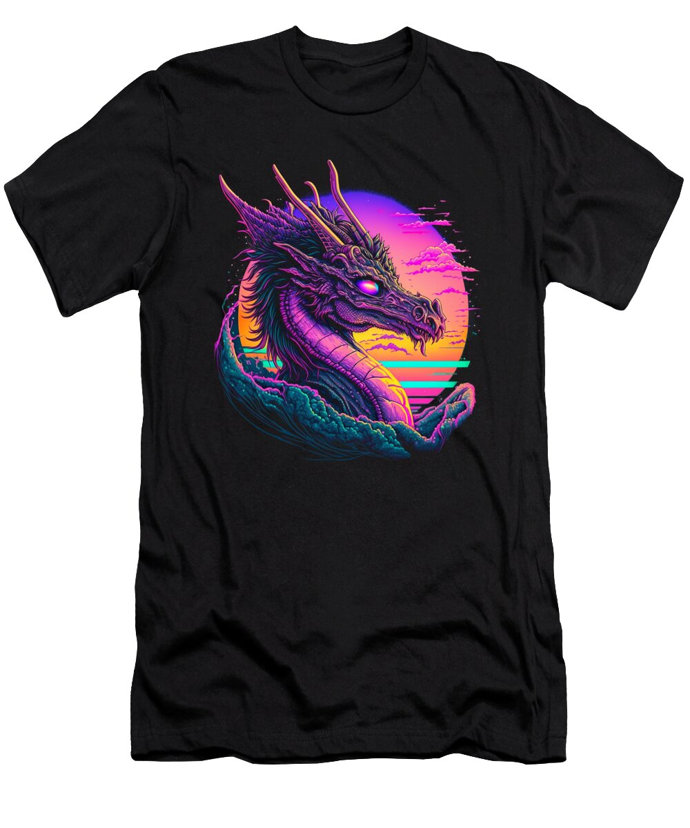 Dragon Vaporwave Abstract Landscape Moon Tree Waterfall Toms Store T-Shirt