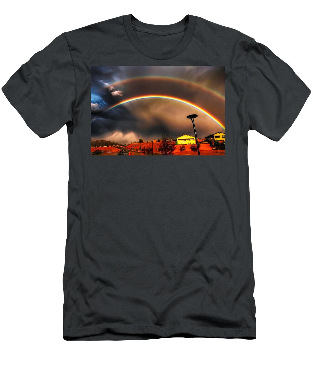 Dramatic Double Rainbow Over Suburb Mario G Rivera T-Shirt