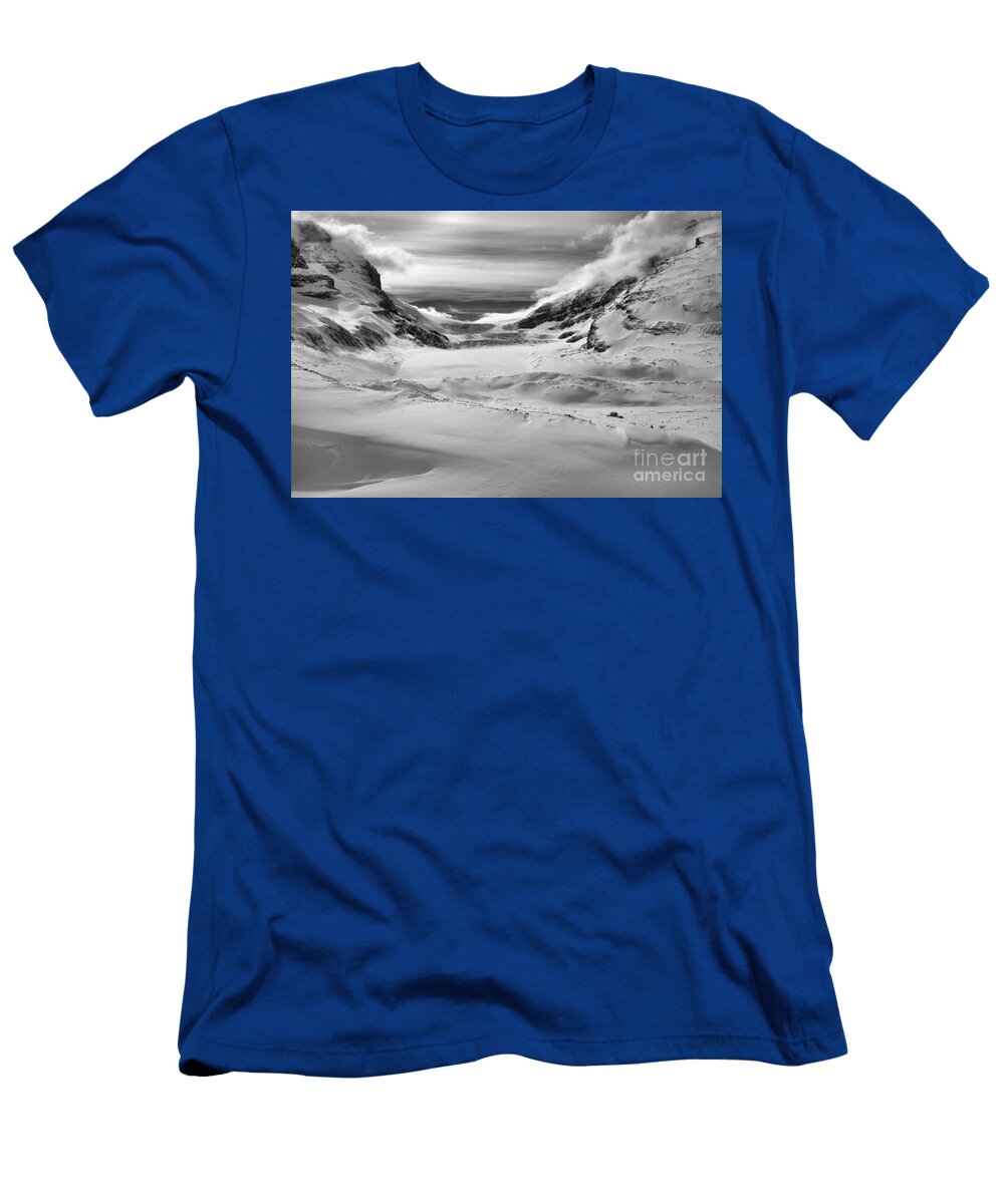 Drifts and Clouds At the Athabsca Glacier Black and White Adam Jewell T-Shirt