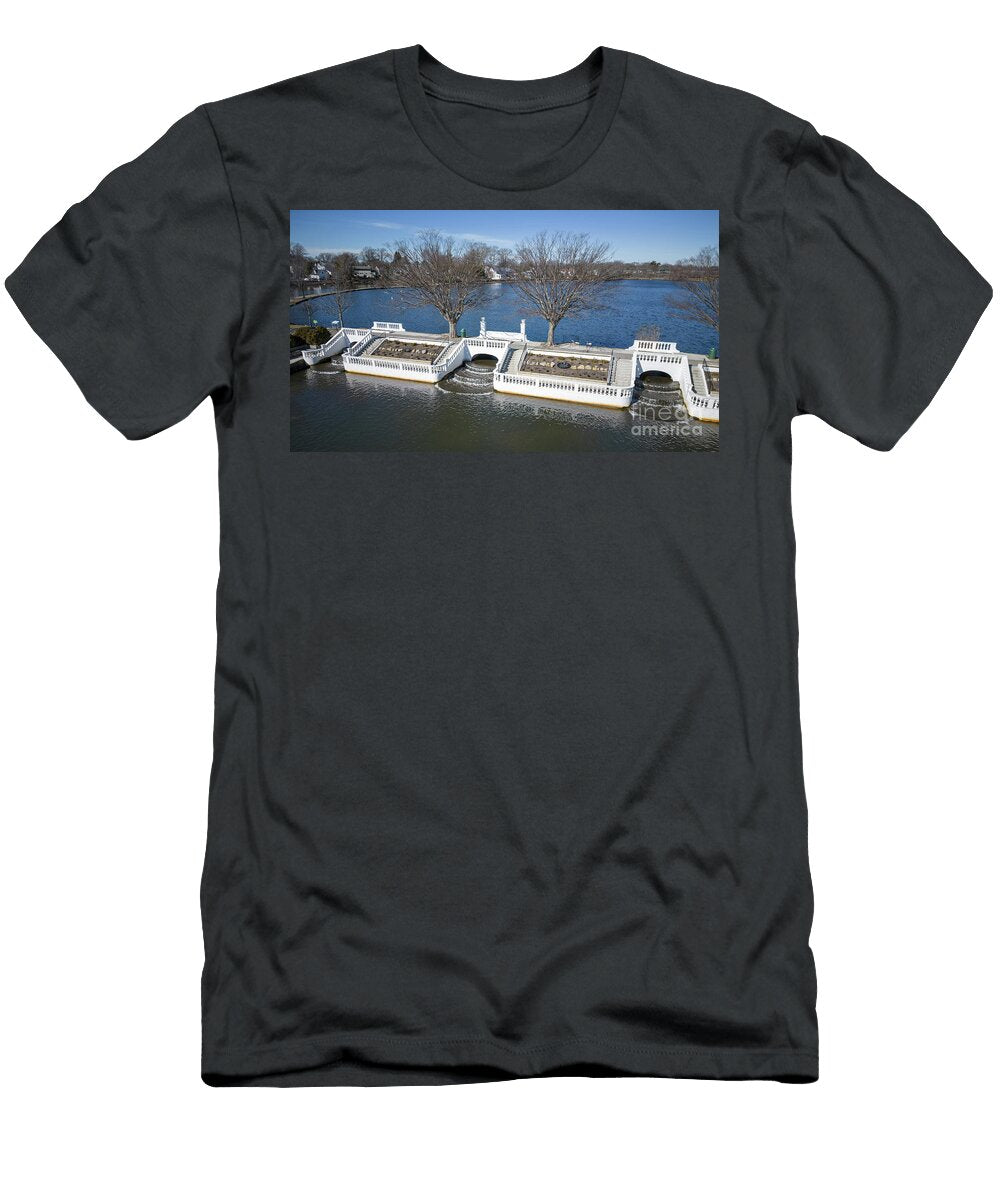Drone View of Argyle Lake and Waterfalls in Babylon New York David Wood T-Shirt