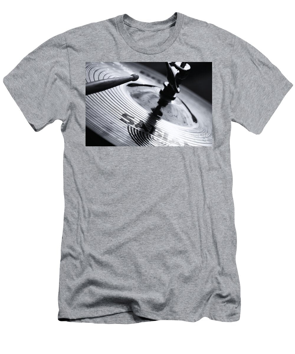 Drumstick Poised Over Hi Hat Cymbals Close Up Black and White Dmr Filho T-Shirt