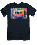 Dynamic Cassette Energy Vibrant Tape Art with Bold Blue Orange and Pink Geometric Background Olfactoart Studio T-Shirt