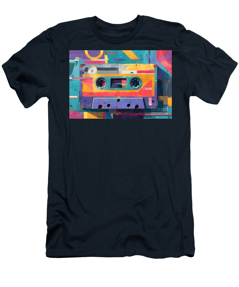 Dynamic Cassette Energy Vibrant Tape Art with Bold Blue Orange and Pink Geometric Background Olfactoart Studio T-Shirt