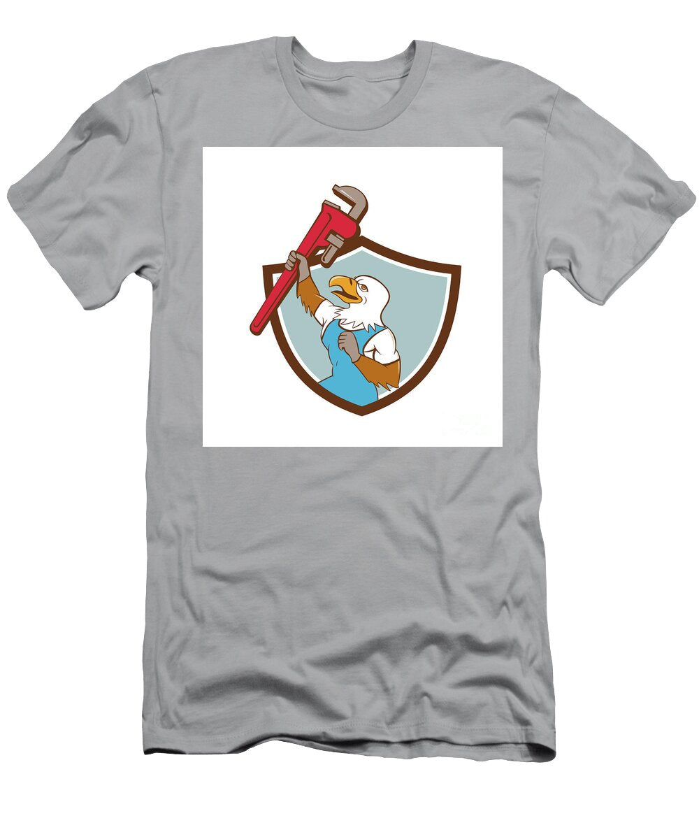 Eagle Plumber Raising Up Pipe Wrench Crest Cartoon Aloysius Patrimonio T-Shirt