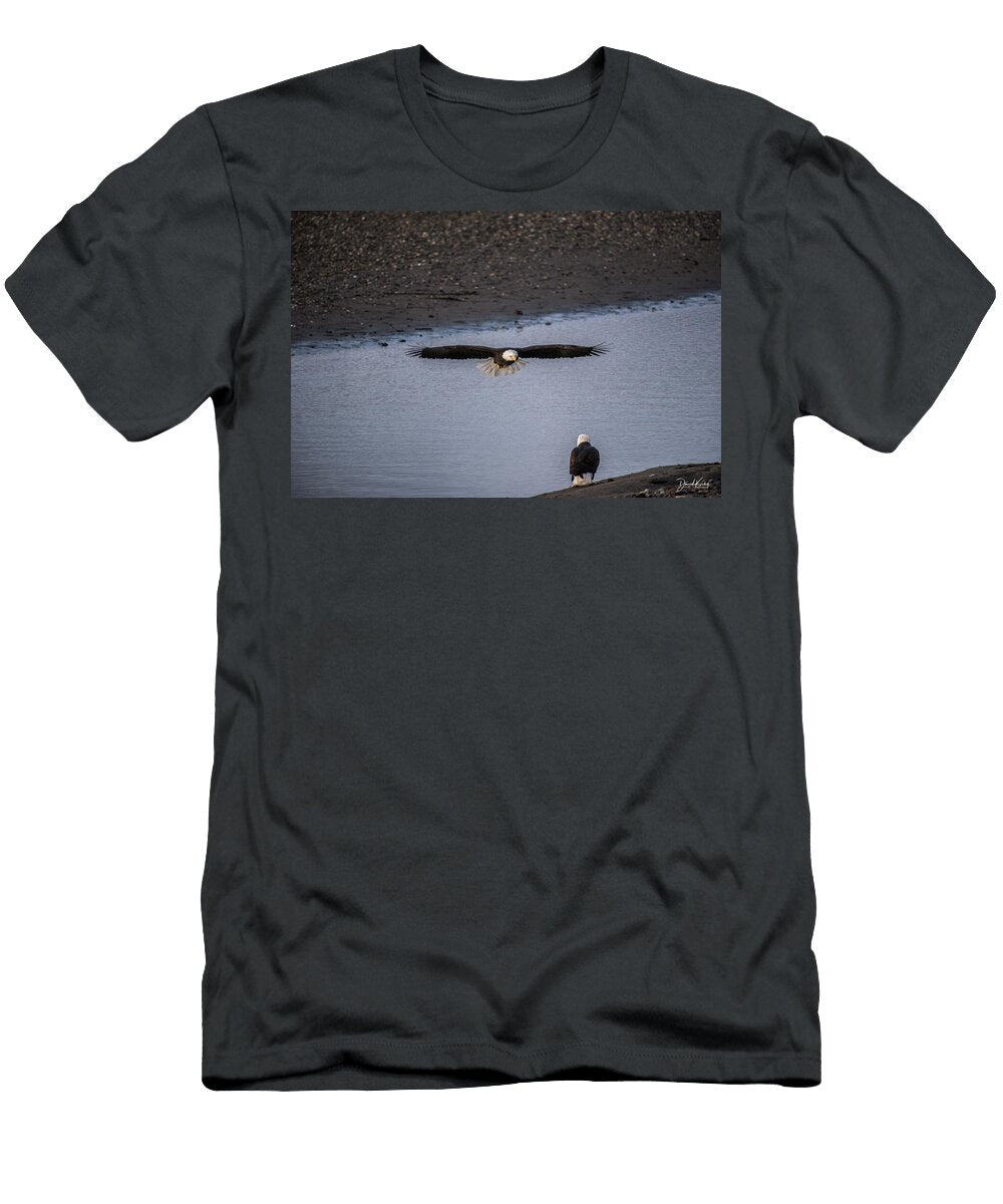 Eagle Soaring Above Riverbank David Kirby T-Shirt
