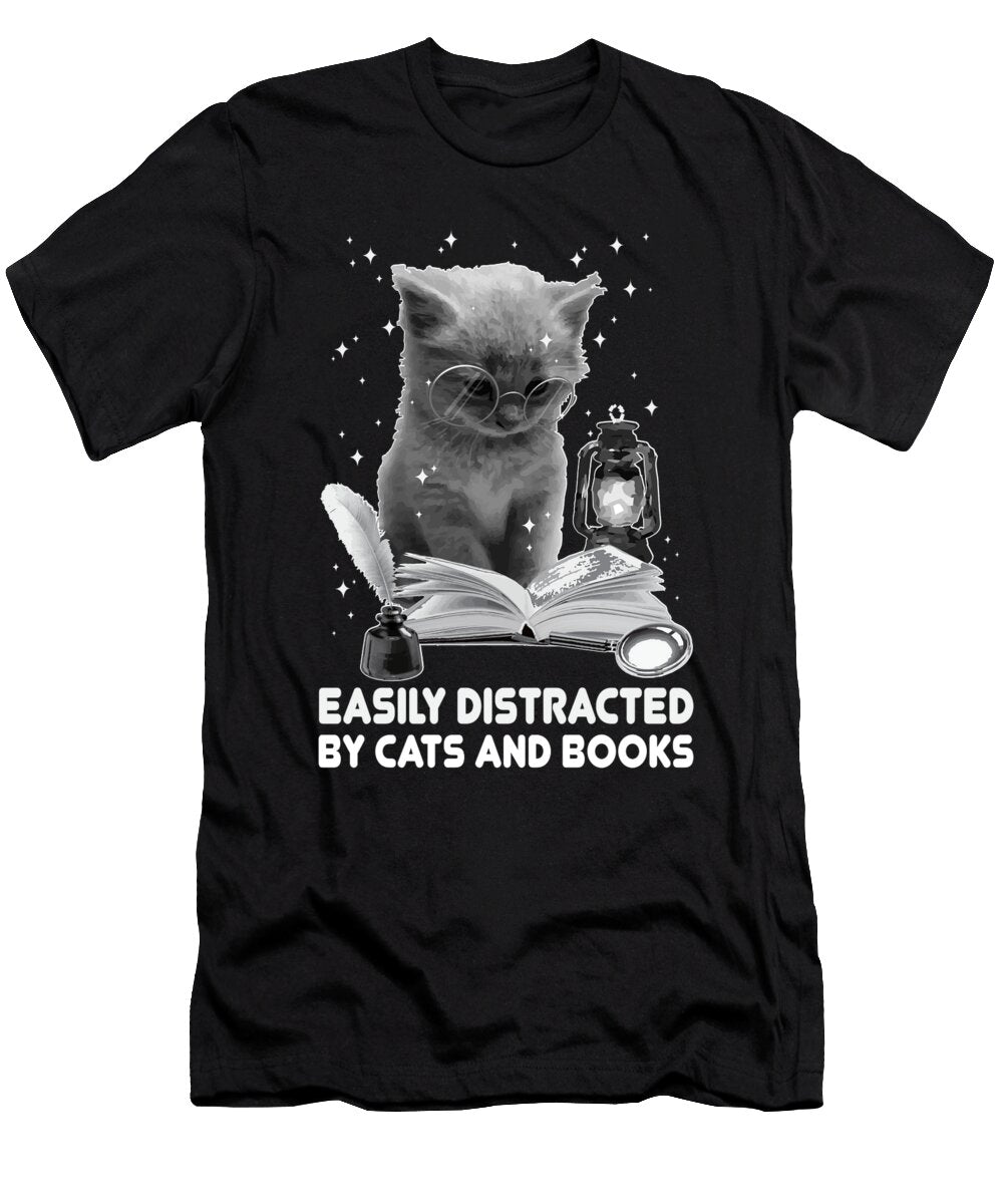 Easily Distracted By Cats and Books Cat Reading a Book Maximus Designs T-Shirt