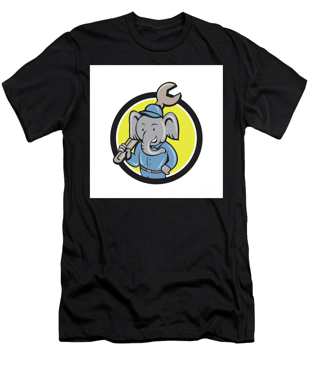 Elephant Mechanic Spanner Shoulder Circle Cartoon Aloysius Patrimonio T-Shirt