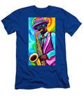 Energetic Musician Art Vibrant Saxophone Player in Colorful Suit and Jazzy Swirling Hat Olfactoart Studio T-Shirt