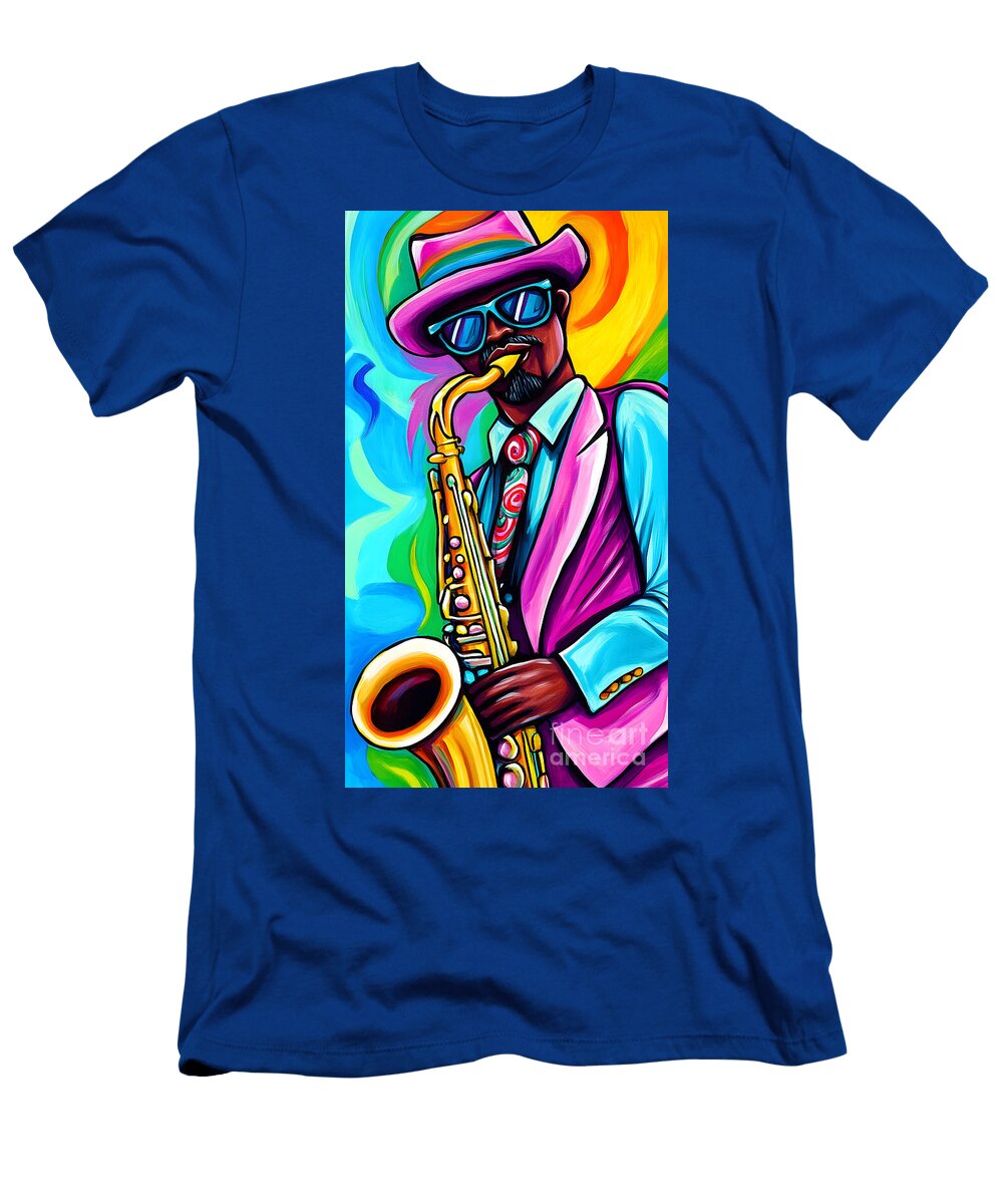 Energetic Musician Art Vibrant Saxophone Player in Colorful Suit and Jazzy Swirling Hat Olfactoart Studio T-Shirt