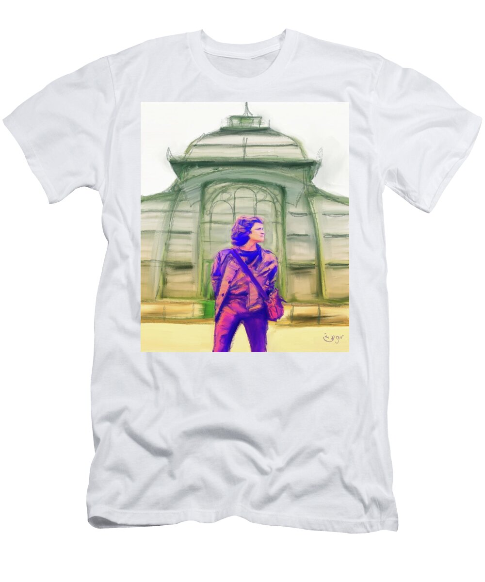 European Traveler Teleported to a Conservatory in Purple and Green Architecture Figure Bag Sunset Mendyz T-Shirt