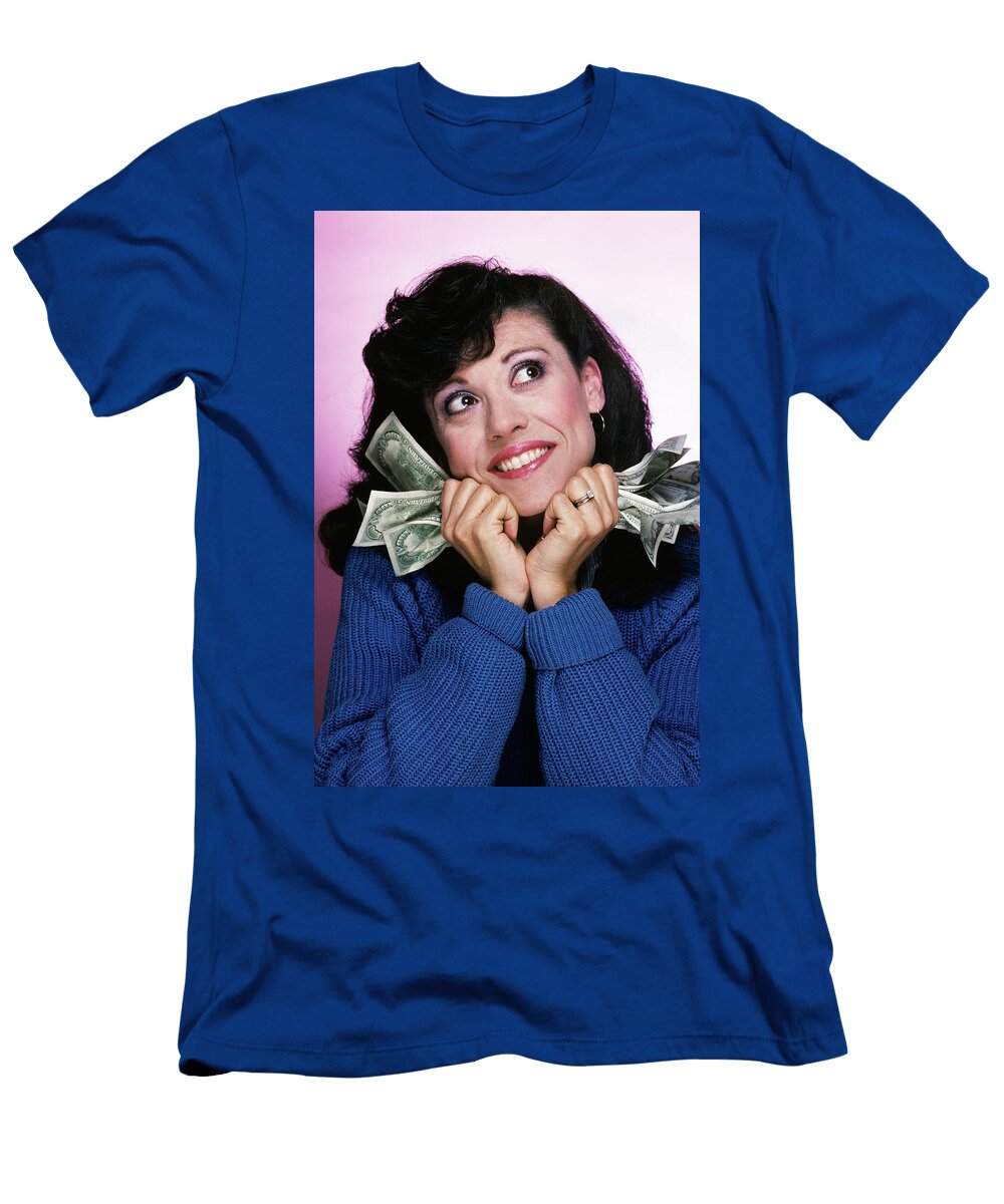 Excited Brunette Woman Holding Several Vintage Images T-Shirt