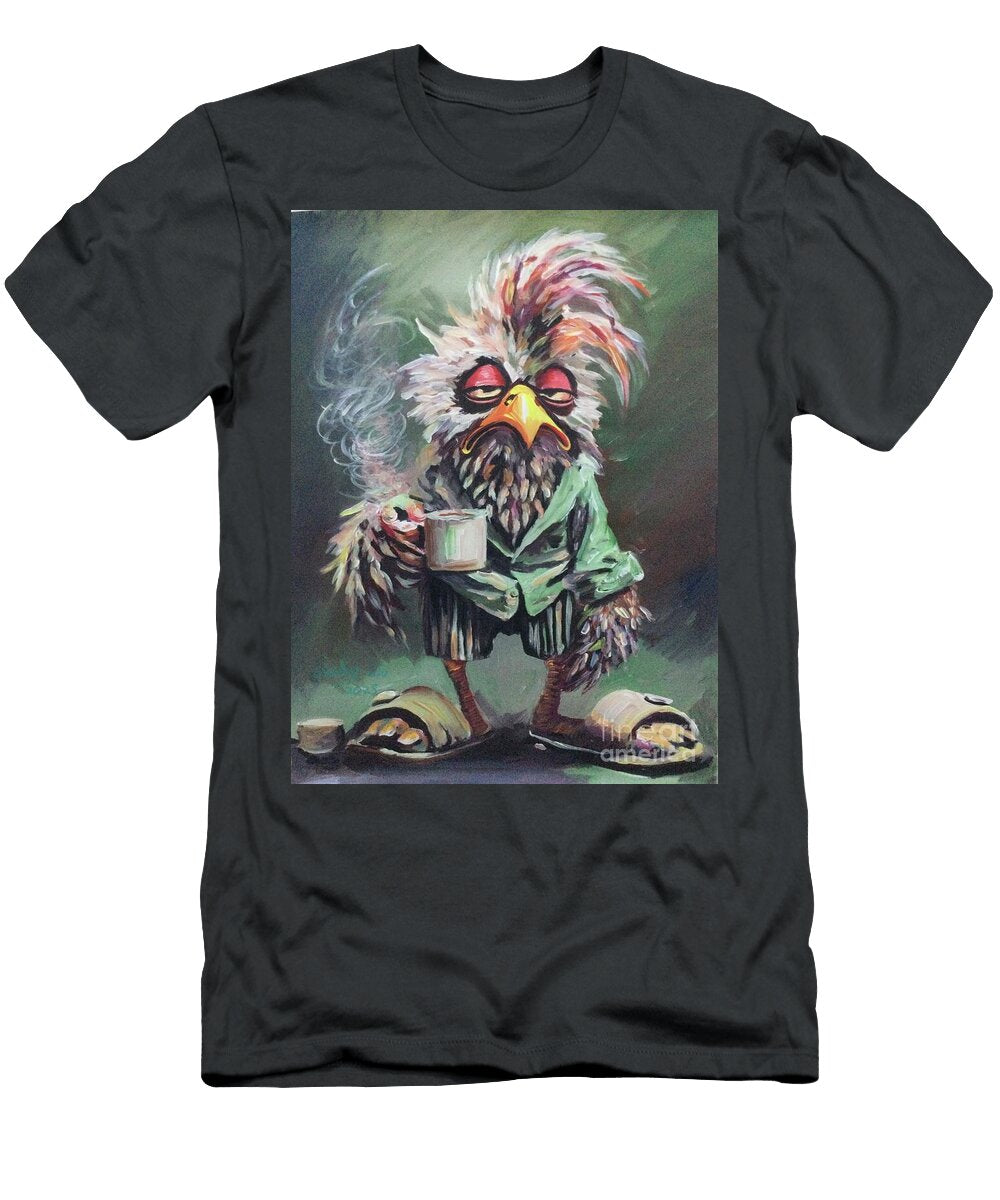 Exhausted Rooster Clutching Morning Coffee Wendy Wu T-Shirt