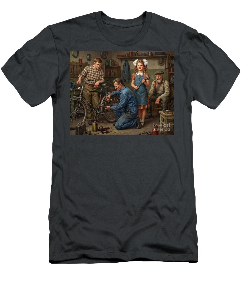 Family Bicycle Repair in Workshop Vincent Art Studio T-Shirt