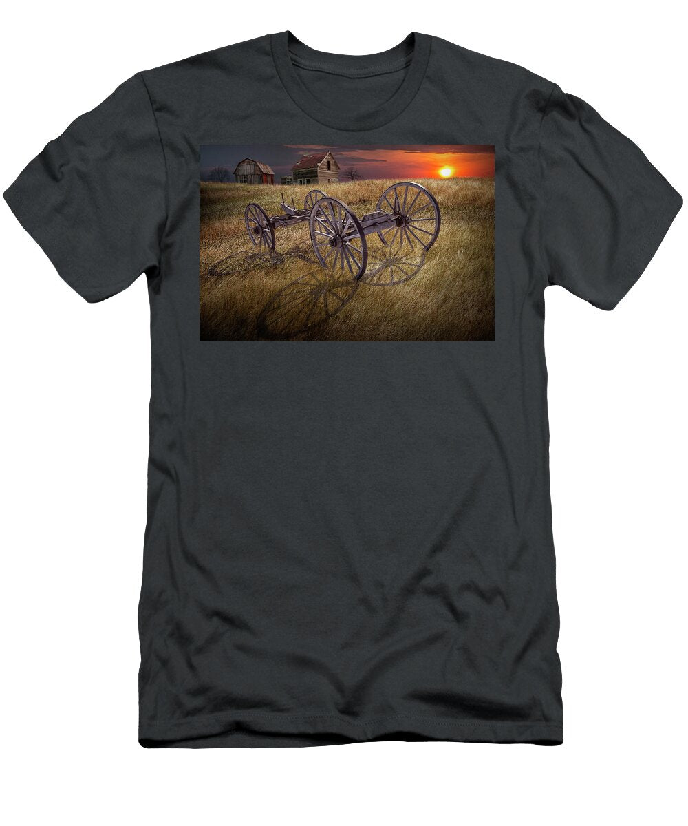 Farm Wagon Chassis in a Grassy Field on a Mid West Farm At Sunse Randy Nyhof T-Shirt