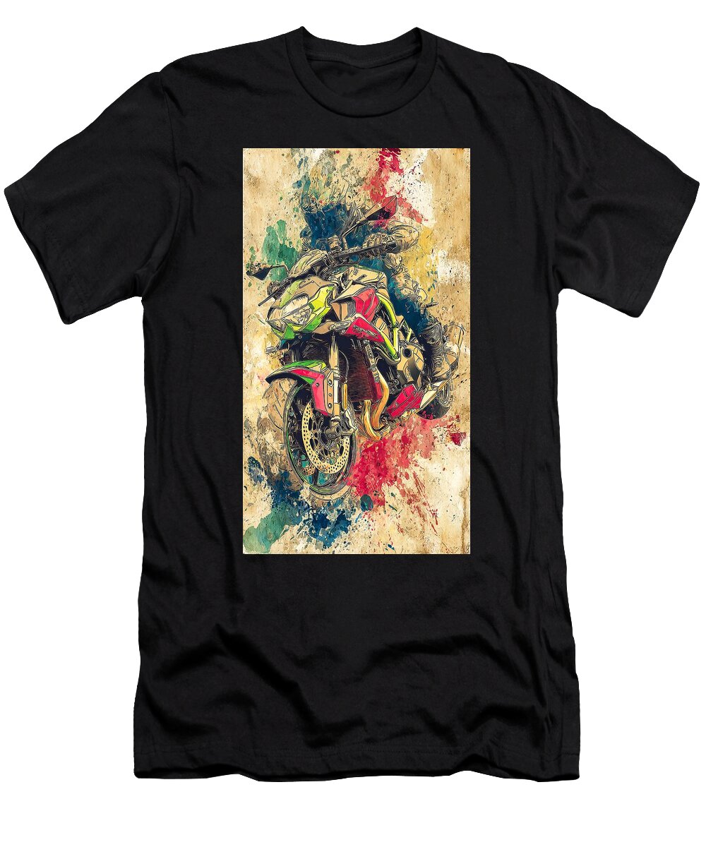 Fast Bikes Illustration Kawasaki Z H2 Supercharged Urban Night Striking Colorful Motorcycle Art Eldre Delvie T-Shirt