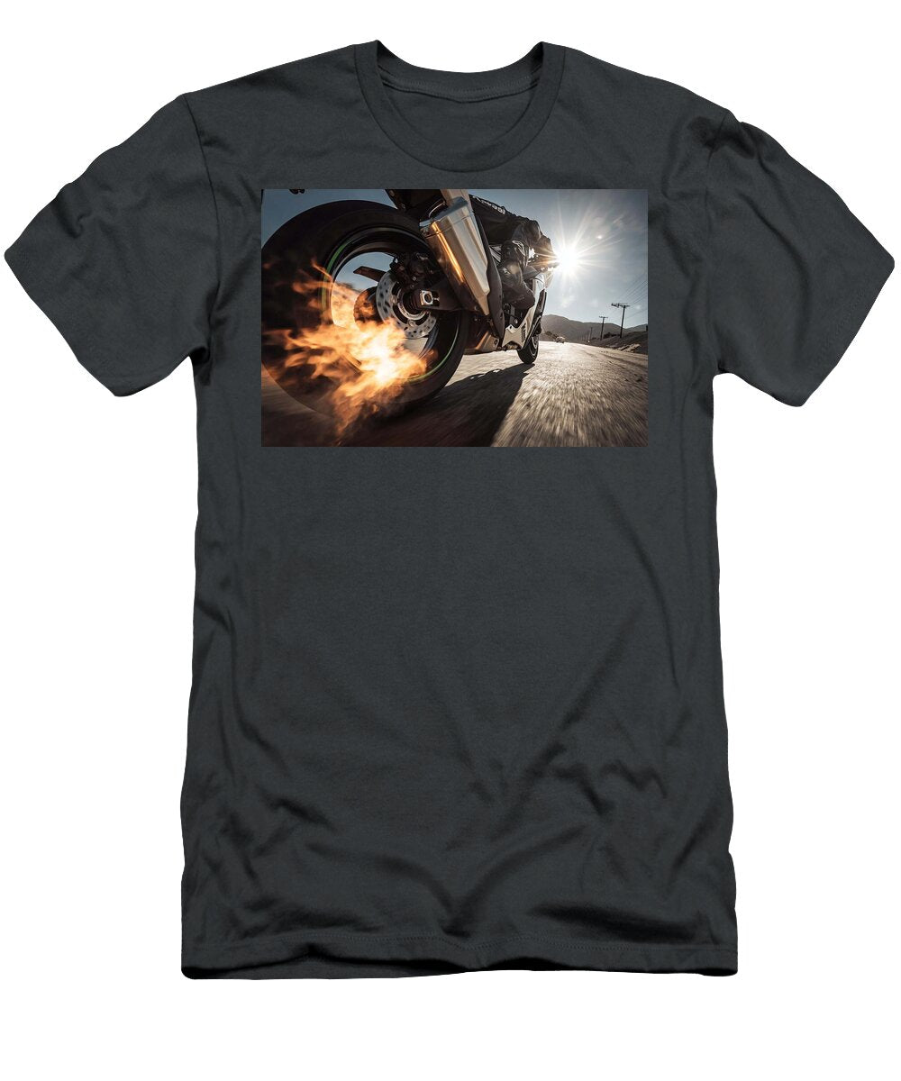 Fast Bikes Motorcycle Racing Burning Tires Kawasaki Ninja Zx 10r in a Low Angle Shot Exhaust Flames Grover Mcclure T-Shirt