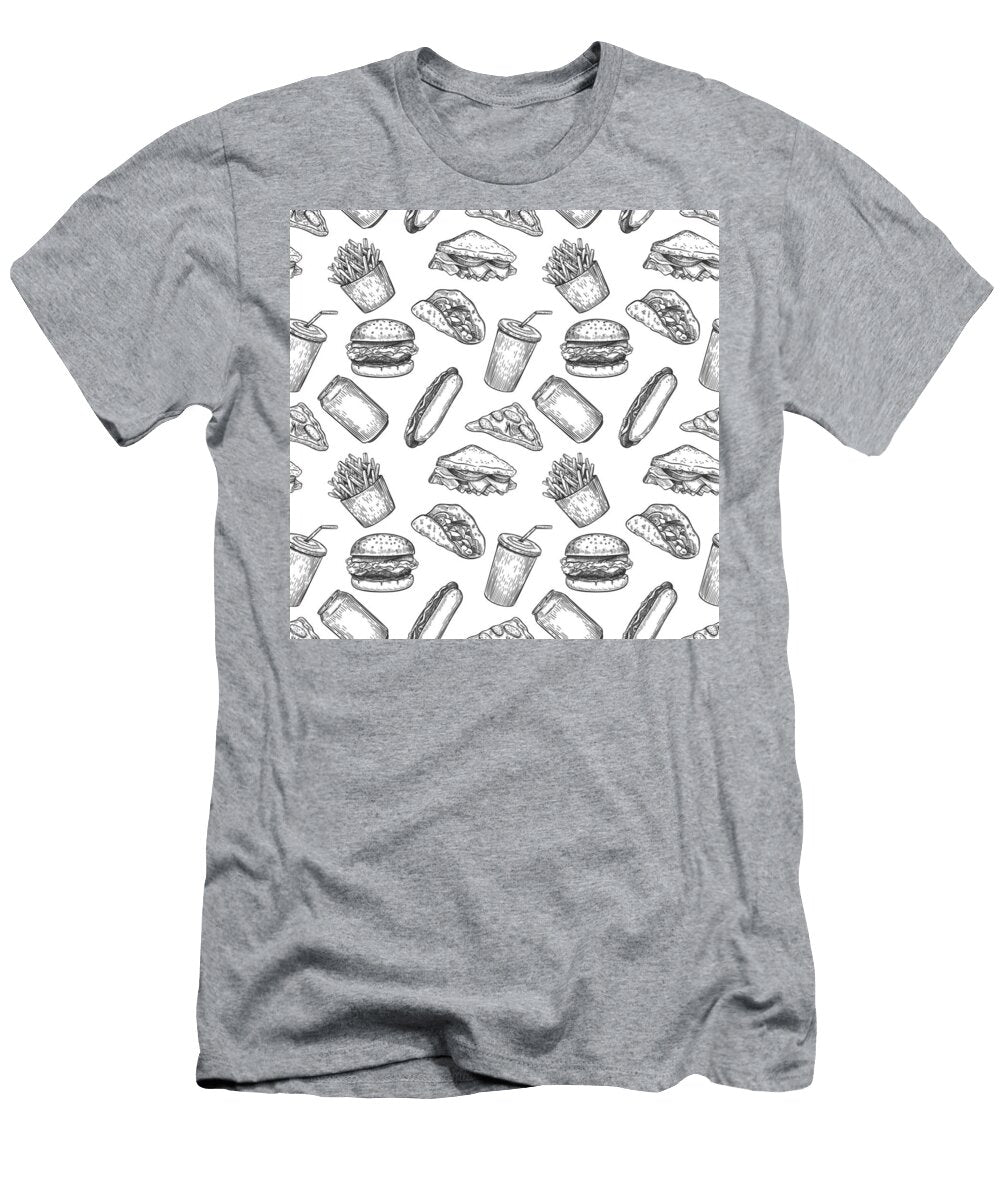 Fast Food Seamless Pattern Hand Drawn Pizza Burger and Fries Rhandz Ballesteros T-Shirt