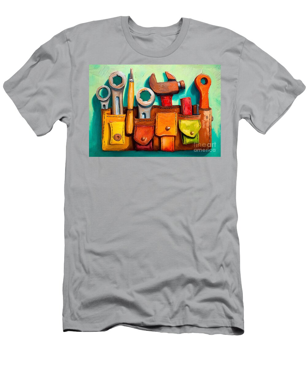 Fathers Day Celebration with Colorful Tools in Bright Pockets on Bold Teal Canvas Olfactoart Studio T-Shirt