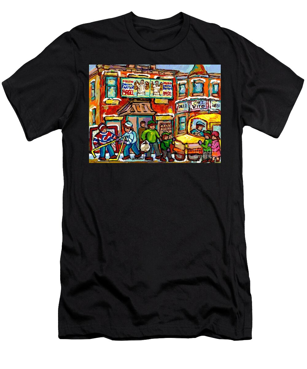 Favorite Montreal Bagel and Butcher Shops Rue Fairmount Winter Hockey Game Painting for Sale Carole Spandau T-Shirt