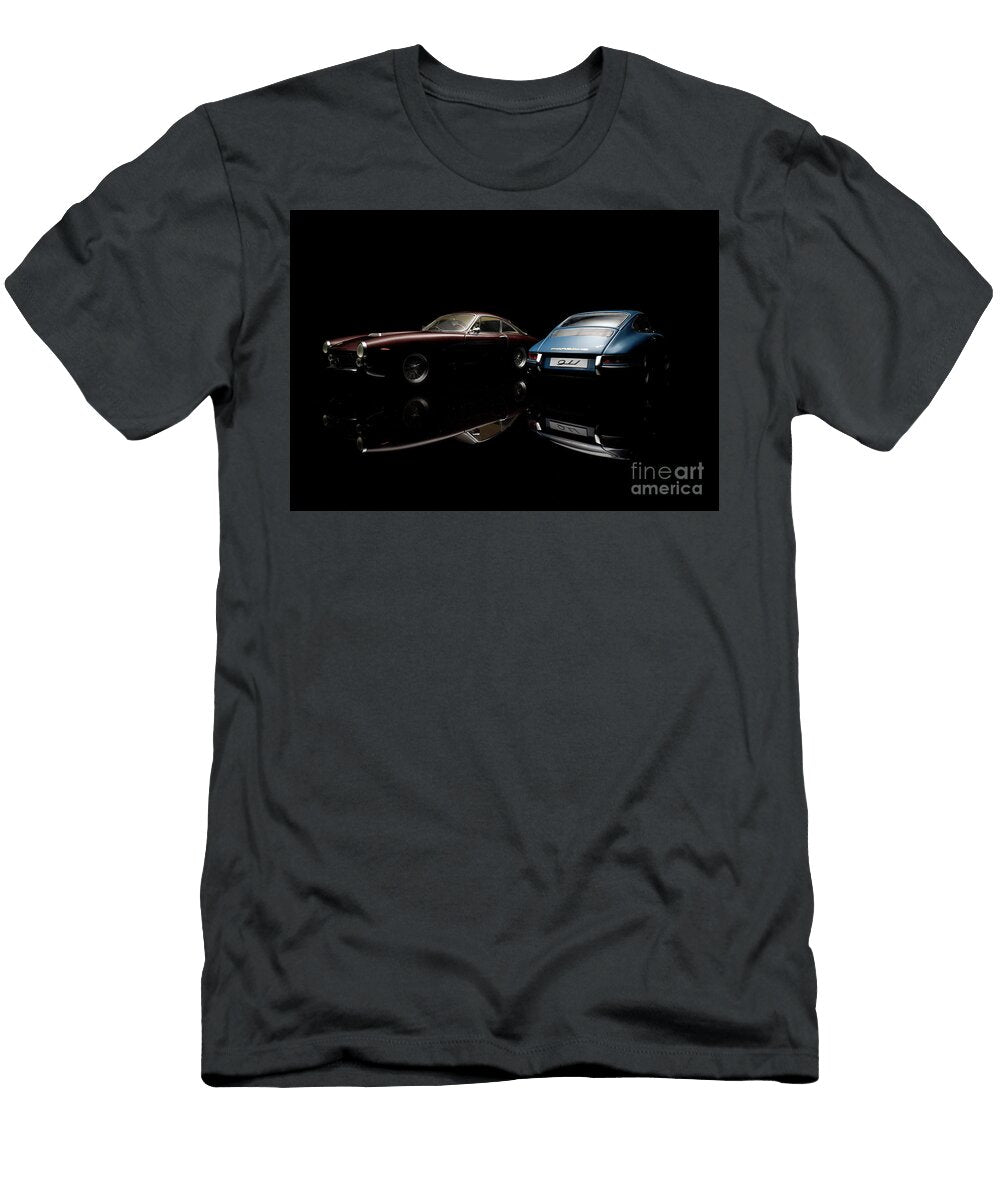 Ferrari 250 Gt Lusso and Porsche 911 Model Cars on Black Simon Bradfield T-Shirt
