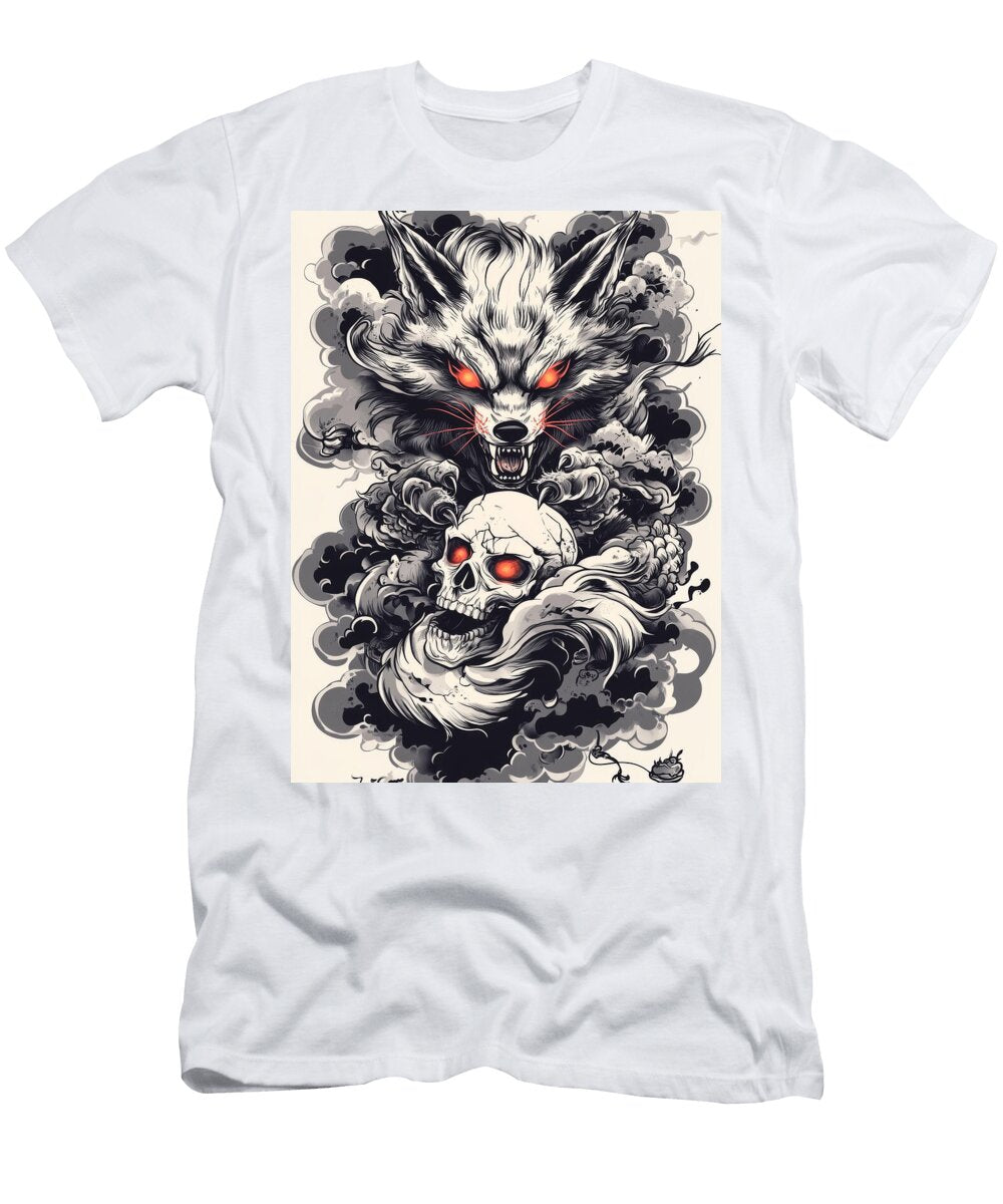 Fierce Wolf with Glowing Red Eyes Clutching a Skull Amidst Dark Clark Jhosep T-Shirt