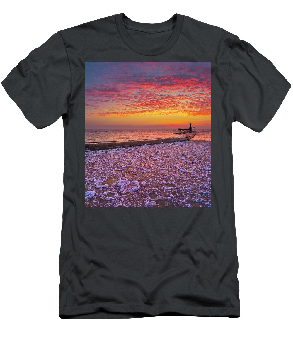 Fiery Sky Over Harbor with Pancake Ice James Brey T-Shirt