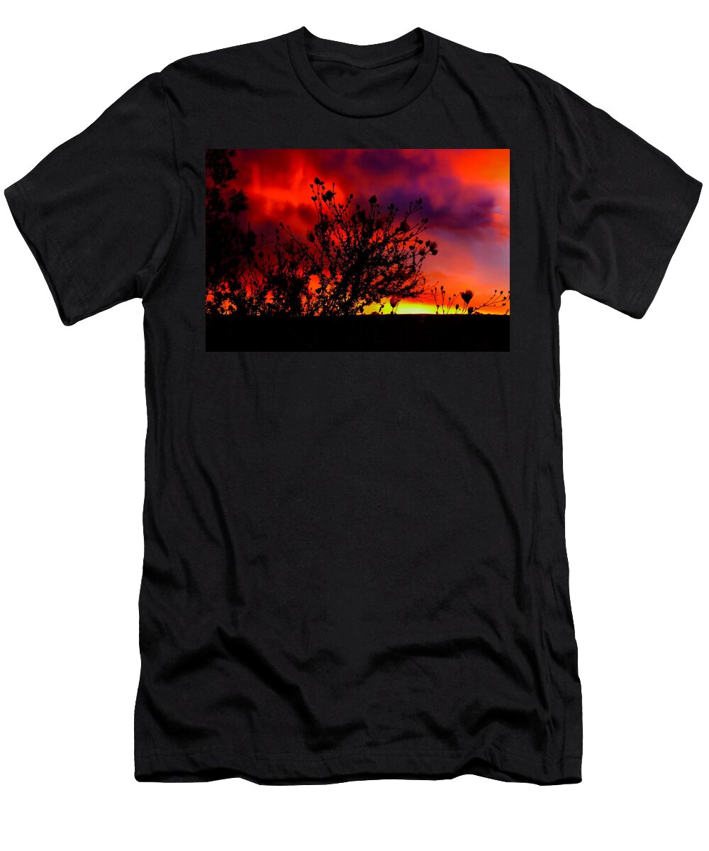 Fiery Sunset Over Silhouetted Landscape Mario G Rivera T-Shirt