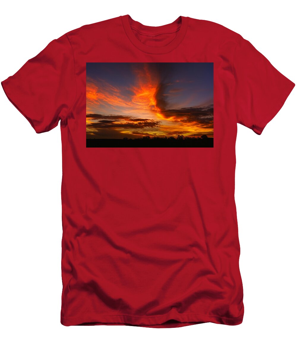 Fiery Sunset Over Tranquil Landscape Mario G Rivera T-Shirt
