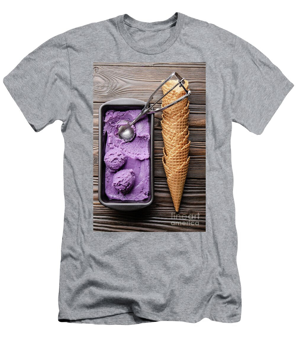 Flat Lay View At Blackberry Icecream in Tray with Wafer Cones As Olena Mykhaylova T-Shirt