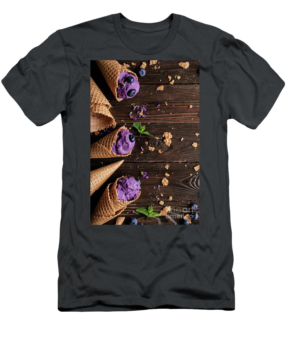 Flat Lay View At Wafer Cones with Blackberry Icecream on Wooden Olena Mykhaylova T-Shirt