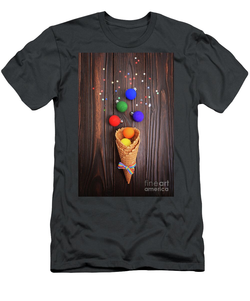 Flat Lay View At Waffer Cones with Rainbow Color Balls and Confe Olena Mykhaylova T-Shirt