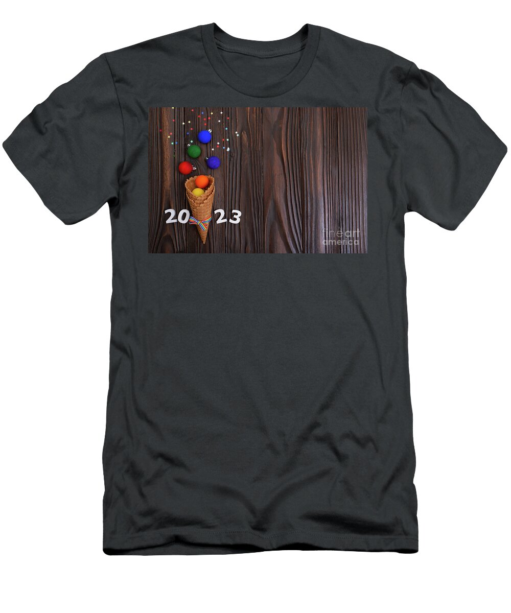 Flat Lay View At Waffer Cones with Rainbow Color Balls Digits a Olena Mykhaylova T-Shirt