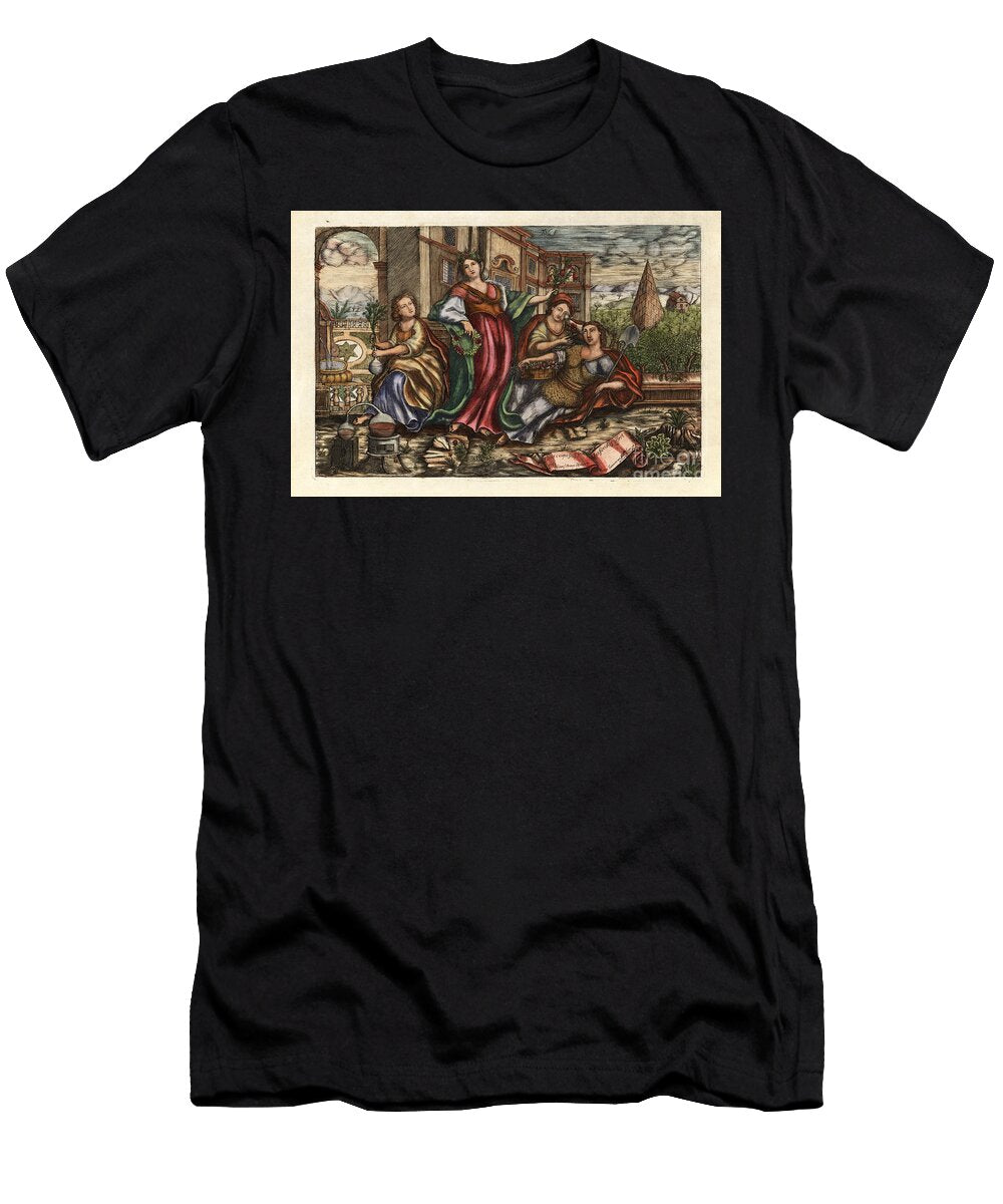 Flora Crowned with a Garden of Flowers Offering Floral Tributes to Three Figures European School T-Shirt