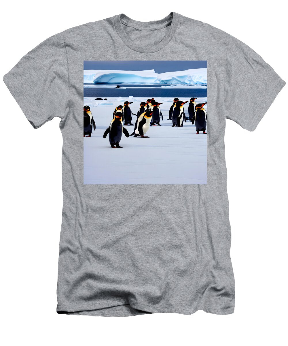Footprints of Resilience the Captivating Penguins of the Serene Shoreline Evan Brown T-Shirt