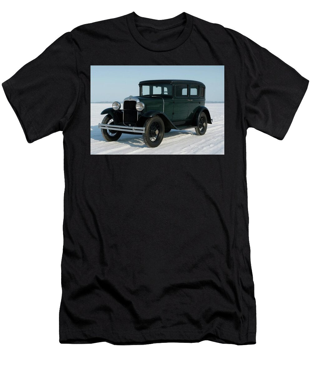 Ford Model a Tudor Sedan on a Frozen Prairie Lake in Winter Cathy Anderson T-Shirt
