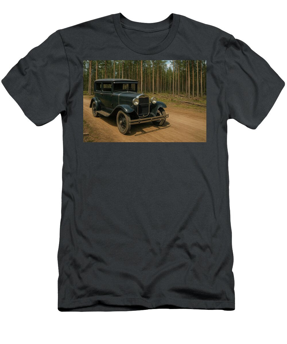 Ford Model a Tudor Sedan on a Pine Forest Backroad Cathy Anderson T-Shirt