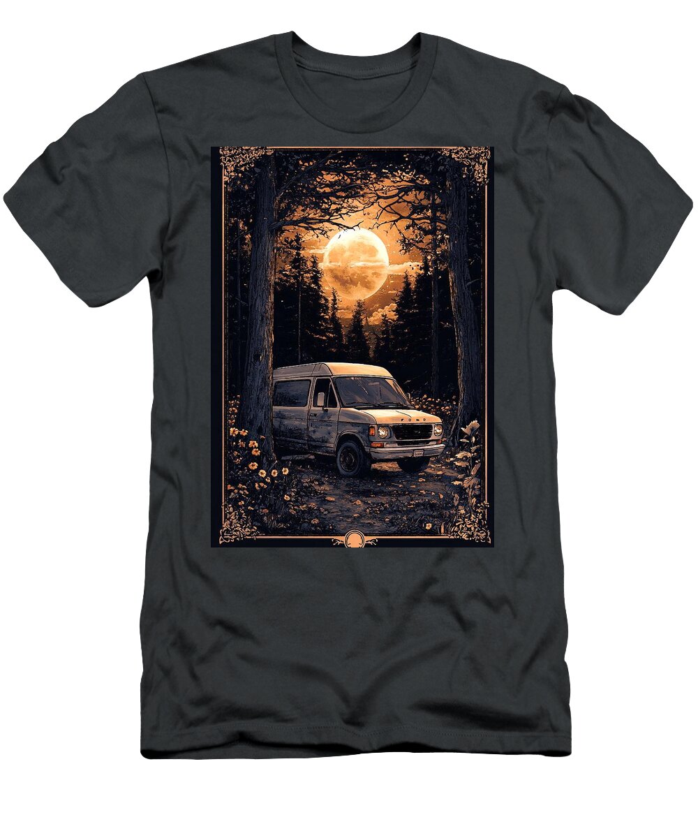 Ford Transit Chassis Cab Car Vintage Van in a Mysterious Forest At Night with a Full Moon Kyran Estrada T-Shirt