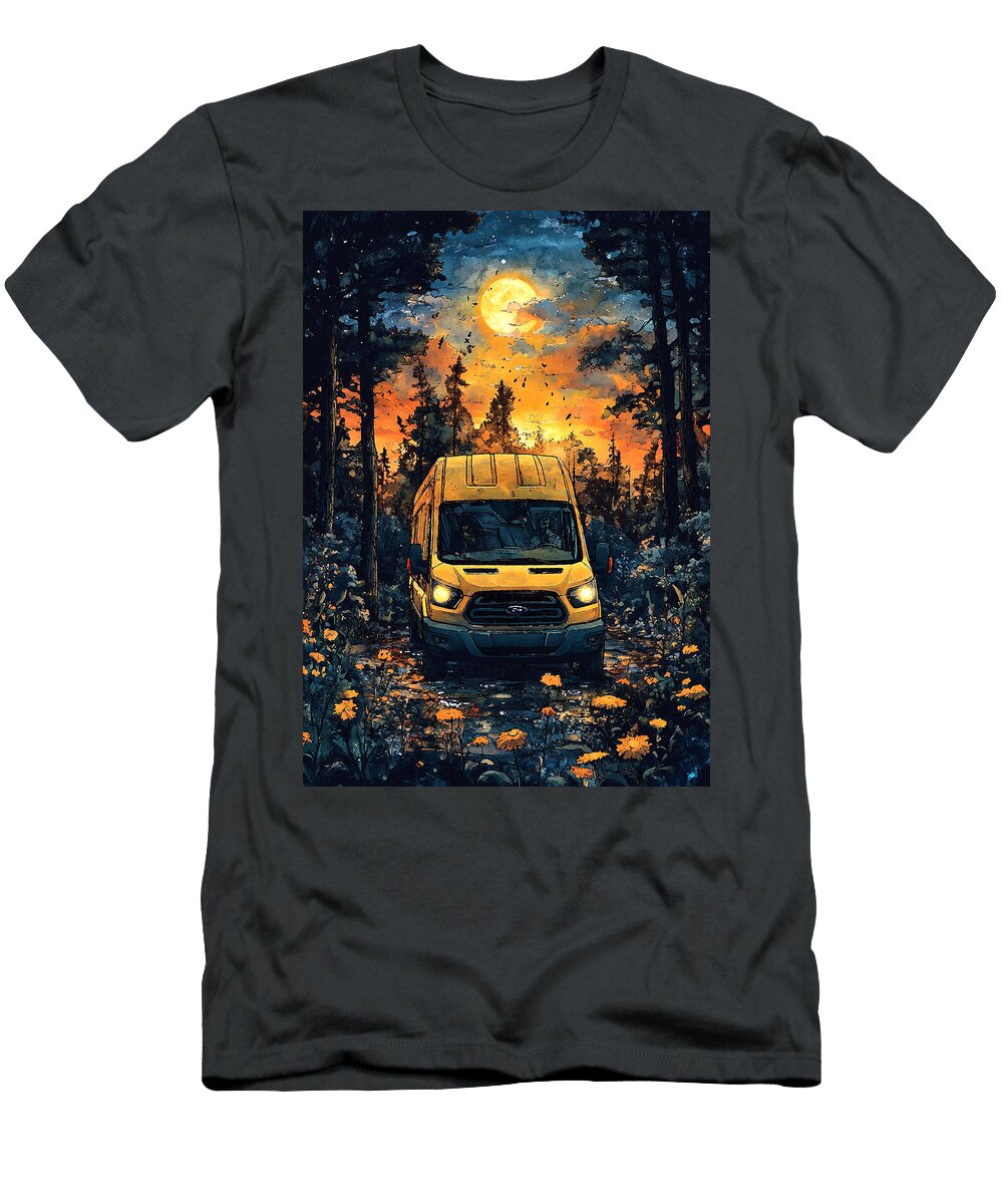 Ford Transit Chassis Cab Van Driving Through Forest At Sunset with Full Moon Kyran Estrada T-Shirt
