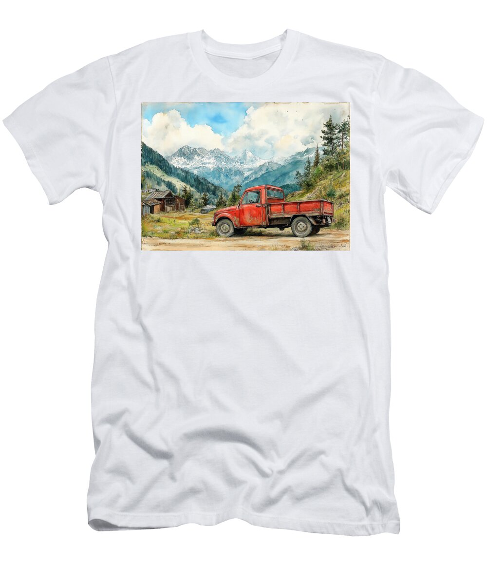 Ford Transit Chassis Cab Vintage Red Truck Parked in Mountain Valley Landscape Kyran Estrada T-Shirt