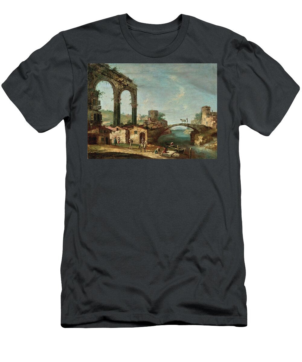 Francesco Albotto Venice Landscape with Classical Ruins and Figures By a River a Bridge Beyond Celestial Images T-Shirt
