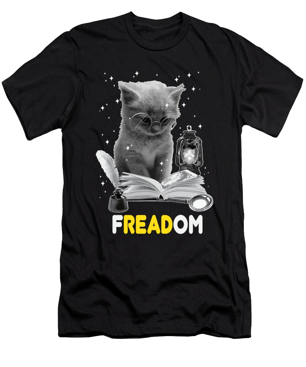 Freadom Bookish Cat Reading a Book Bookaholic Bookworm Maximus Designs T-Shirt