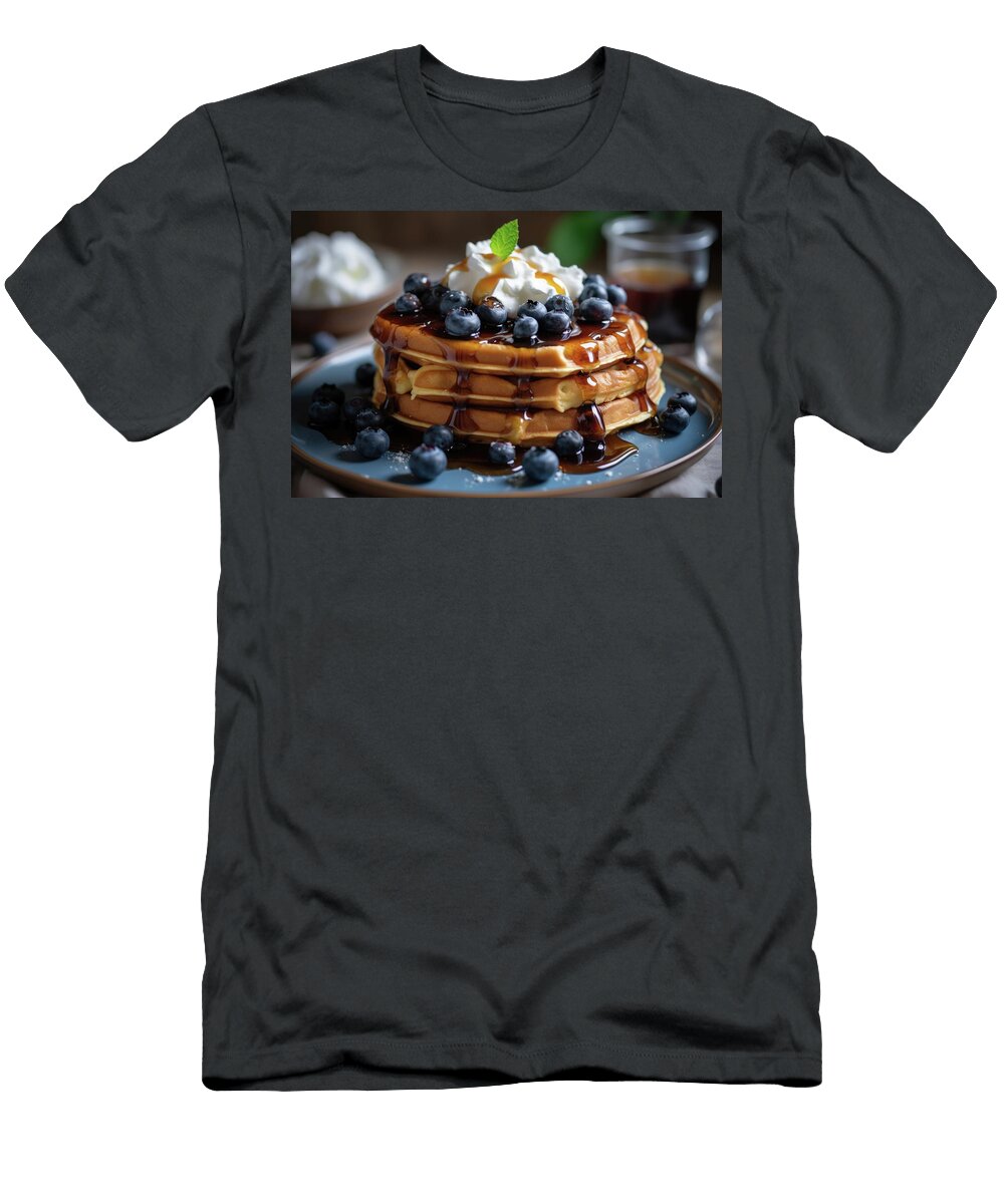 Freshly Baked Waffles with Blueberries and Whipped Cream with Honey Morning Breakfast Generative Ai Lubos Chlubny T-Shirt