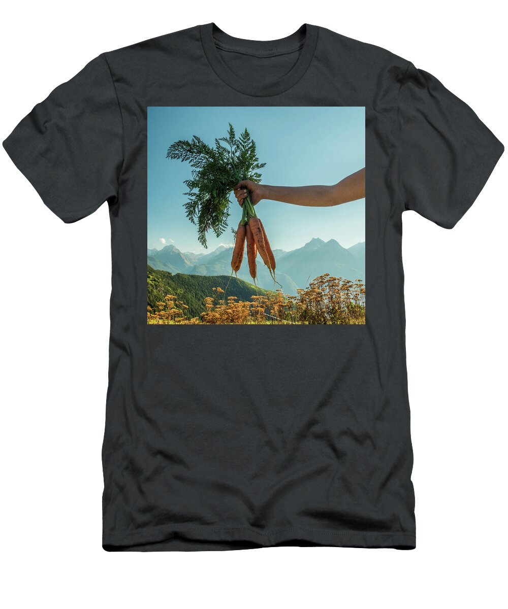 Freshly Harvested Organic Carrots Being Held in the Air and View Richard Boot T-Shirt