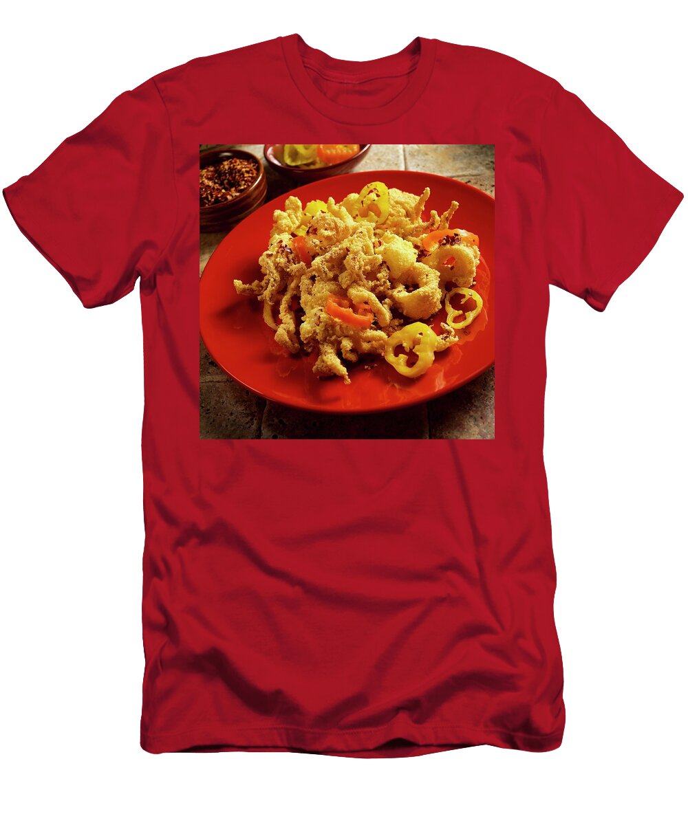 Fried Squid Diablo with Red and Yellow Pickled Peppers and Chilli Flakes Paul Poplis T-Shirt