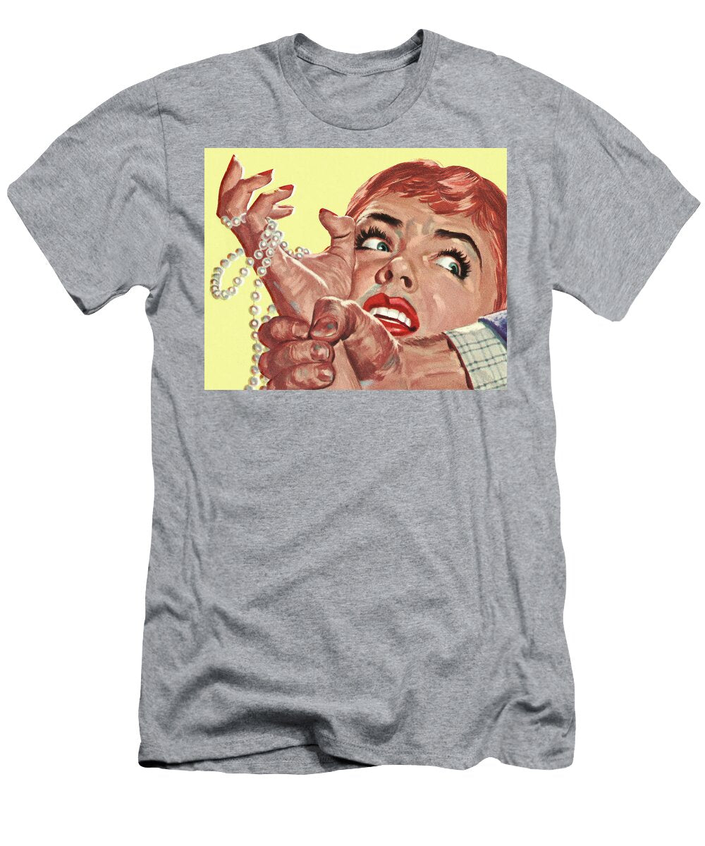 Frightened Woman Holding Pearls Csa Images T-Shirt